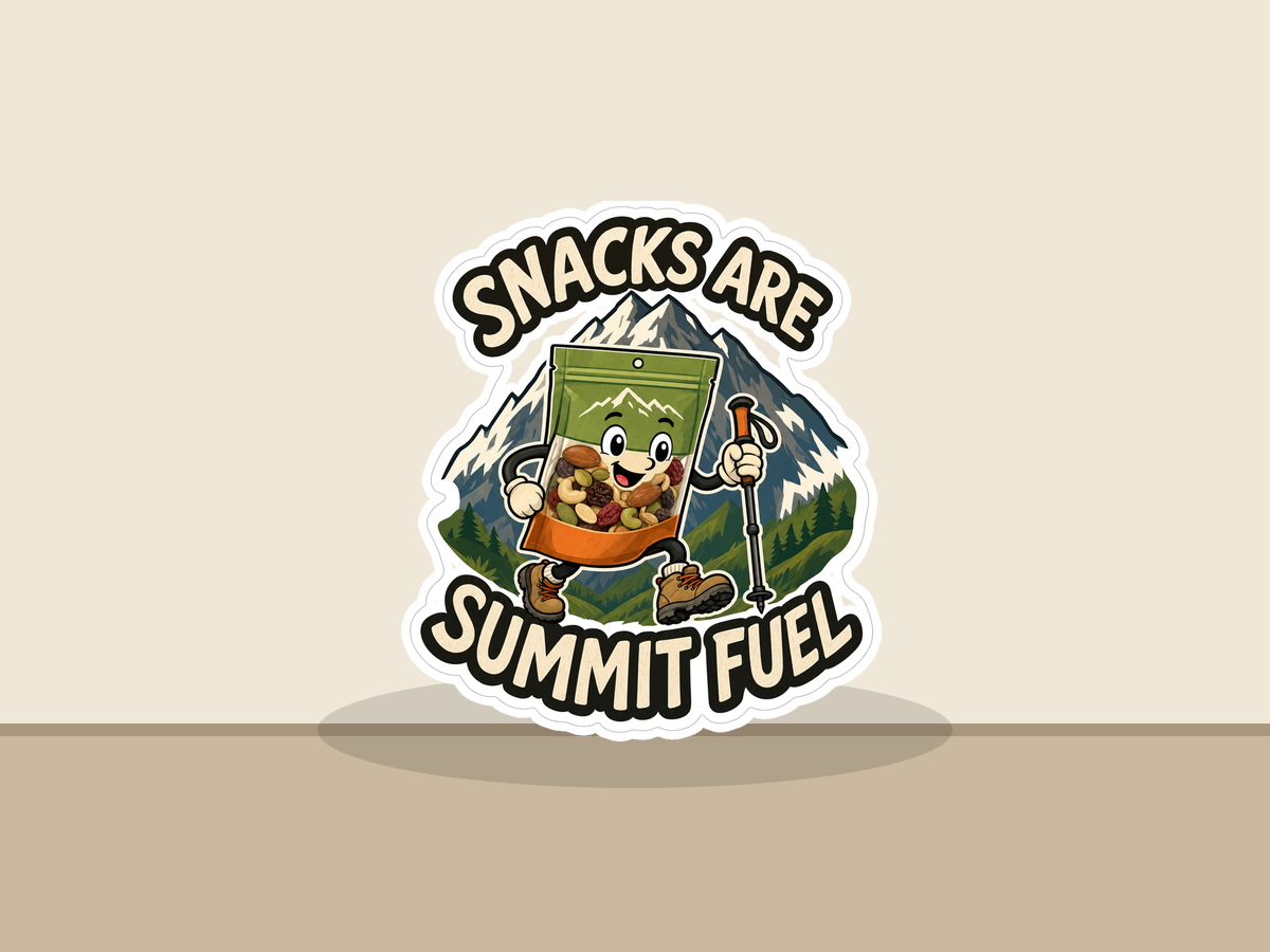 Trail Snack Society Sticker shown on a wall mockup