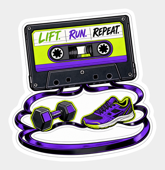 Training Playlist sticker with a purple cassette, dumbbell, and running shoe design.