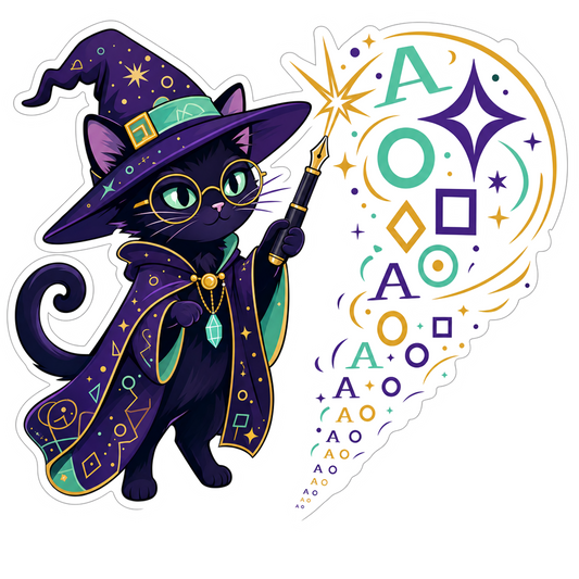 Purple witch cat sticker with wand, hat, and magical symbols in teal, gold, and violet