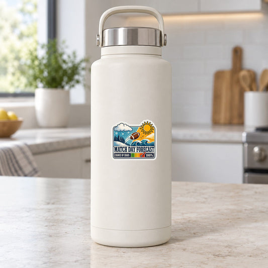 Match Day Forecast sticker on white insulated bottle, small sun-and-weather design