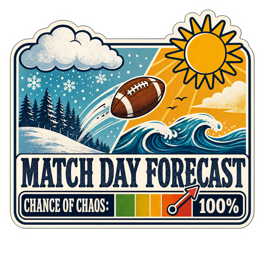 Match Day Forecast weather sticker with sun, football, and cloudy-wave forecast graphic