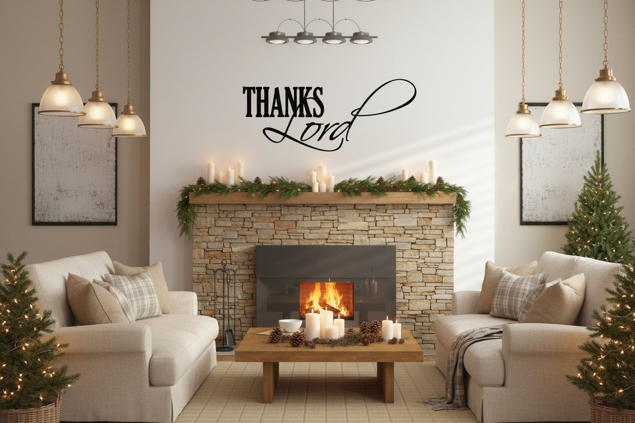Thanksgiving wall decal reading “Thanks Lord” in black script