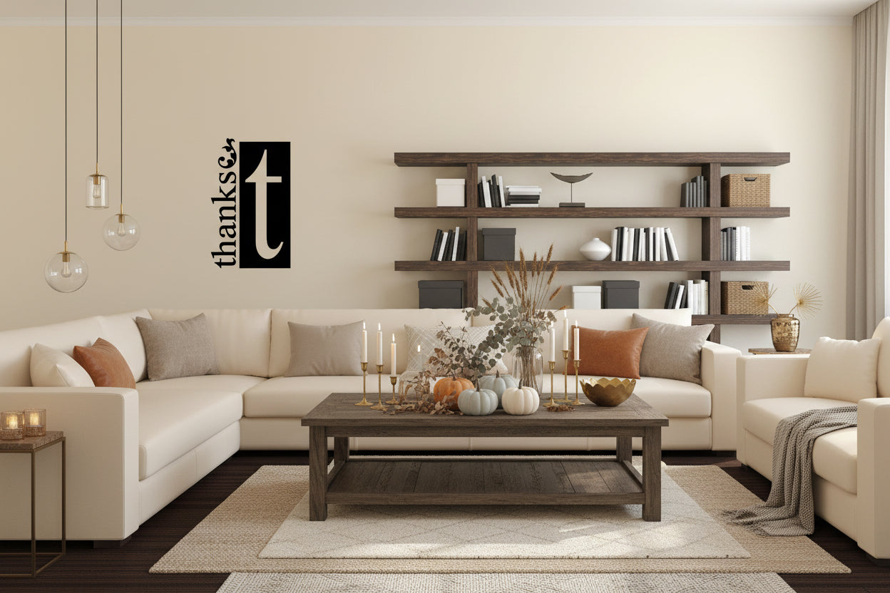 Thanksgiving vinyl wall decal: 'thanks' with a cross