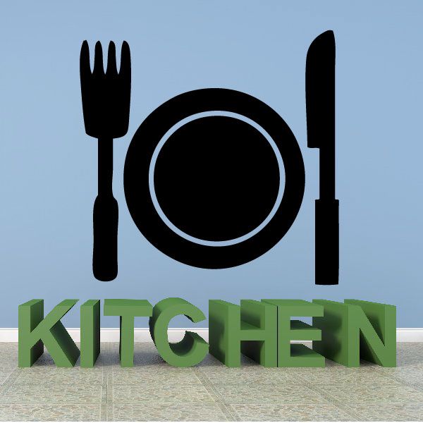 Thanksgiving tableware decal: black fork, plate, and knife with circular border.