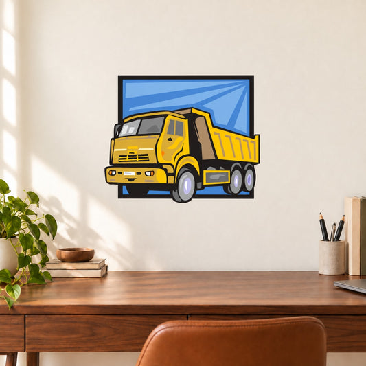 Truck wall decal vinyl sticker of a yellow dump truck in a blue scene, die-cut