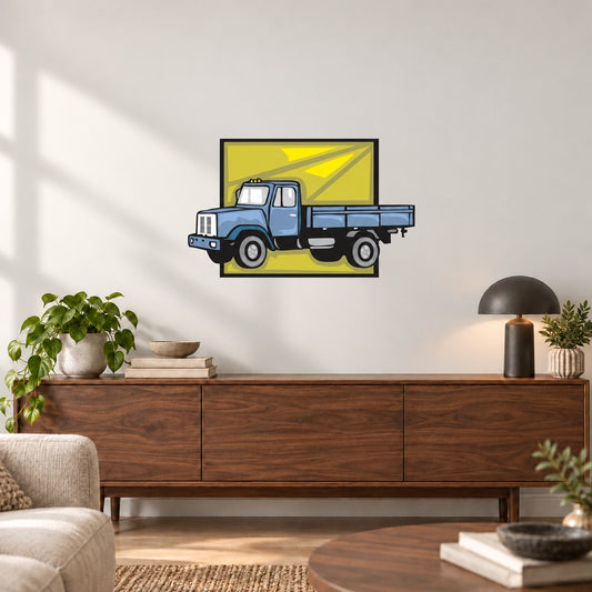 Truck wall decal, blue cartoon pickup on yellow rectangle, die-cut vinyl sticker