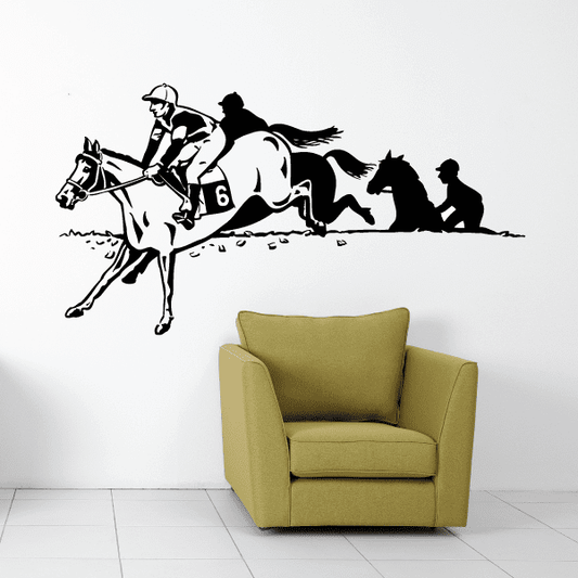 Horse racing decal with jockey and running horses, black silhouette