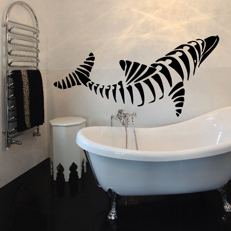 Striped shark wall decal with turning tail, black and white pattern