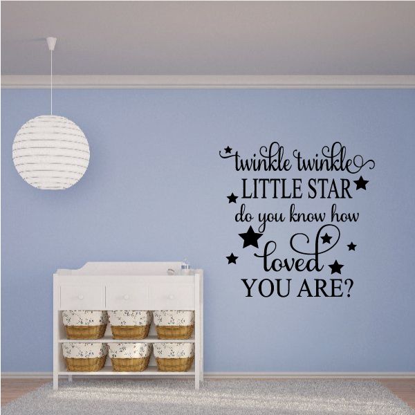 Star nursery wall decal with “Twinkle twinkle little star” text and sparkle icons