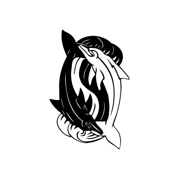 Dolphin car vinyl decal sticker showing two dolphin silhouettes, black and white.