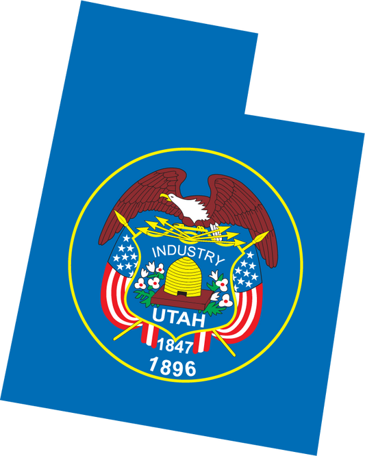 Utah state flag sticker with circular seal featuring eagle, beehive, stars