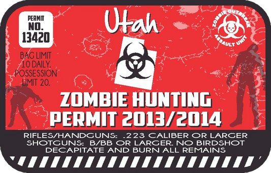 Utah zombie hunting permit sticker with red biohazard emblem and 'Zombie Hunting Permit 2013/2014'.