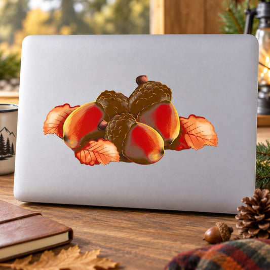 Colorful acorn vinyl decal with brown caps and orange-red acorns, surrounded by leaves