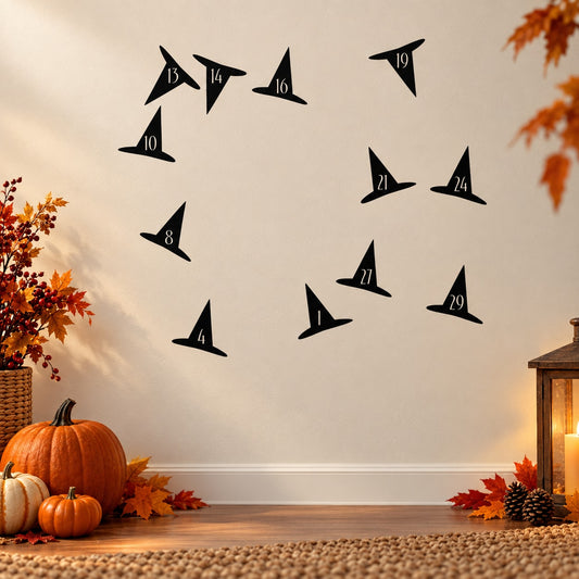 Halloween witch hat vinyl wall decals, set of black hats with numbered pieces