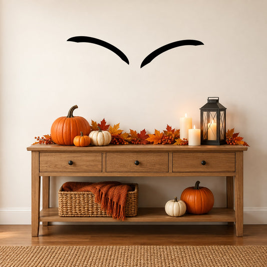 Halloween eyebrow vinyl wall decal, bold black brows for quick face-themed decor.