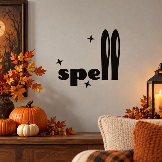 Halloween spell word vinyl wall decal with star accents and two oval icons