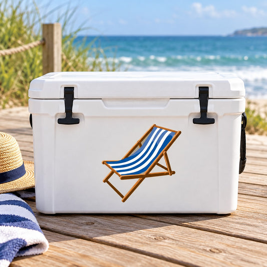 Beach chair sticker with blue-and-white striped fabric and wooden frame