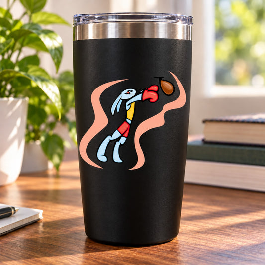 Black tumbler with boxing penguin vinyl decal sticker, die-cut design
