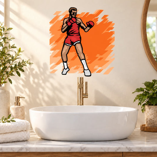 Boxing wall decal: red-shirt boxer with orange splash design, vinyl die-cut sticker