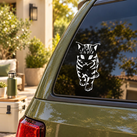 White approaching kitten cat decal on car rear window