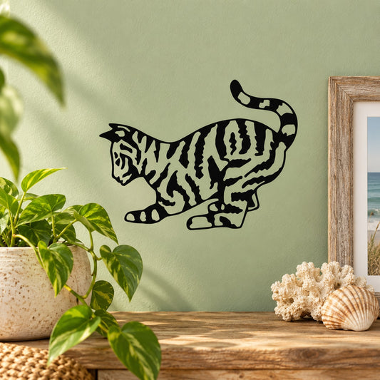 Striped tabby cat wall decal, black silhouette with dark stripes