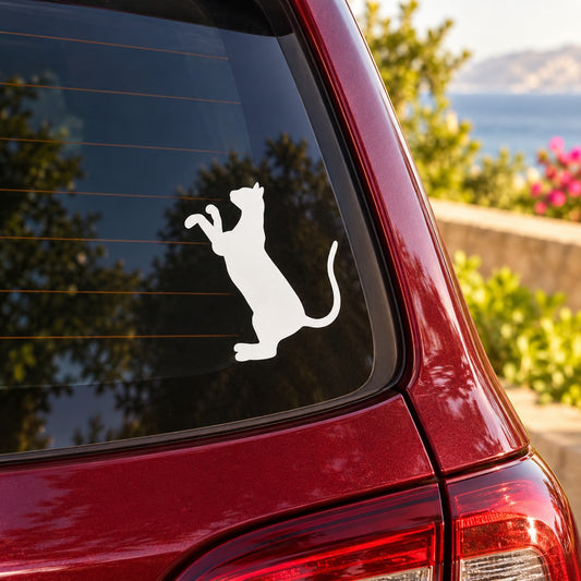 White cat climbing decal sticker on dark car window