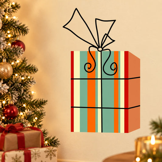Die-cut gift box decal with orange, teal, and red striped wrapping and bow