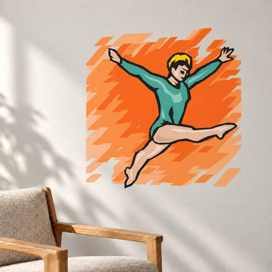 Gymnastics dancer vinyl wall decal sticker, orange burst background with aerial figure