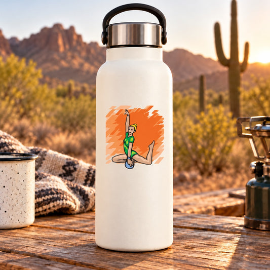 White water bottle with gymnastics dancer vinyl decal sticker in orange burst