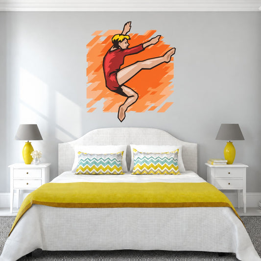 Gymnastics wall decal of female dancer in red leotard, orange burst backdrop
