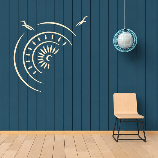 Vinyl wall decal sticker with crescent moon, sunburst, birds, and orbit lines