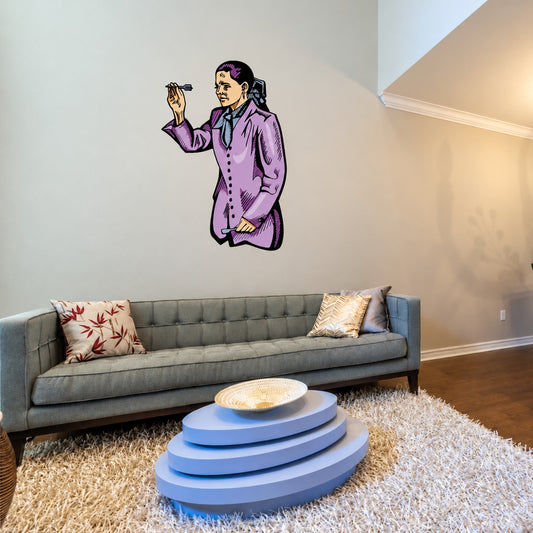 Purple dartboard-style wall decal vinyl sticker of a darts player holding a dart