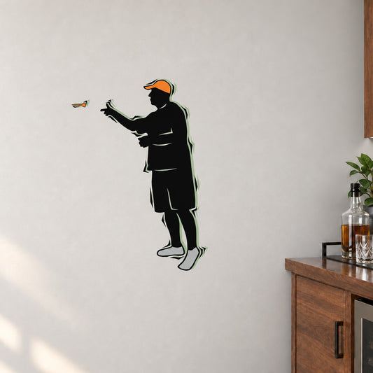 Darts wall decal vinyl sticker of a dark dart player holding a dart, with orange hat.