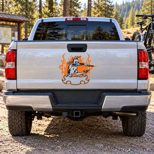 Flaming bulldog vinyl decal sticker on a car tailgate