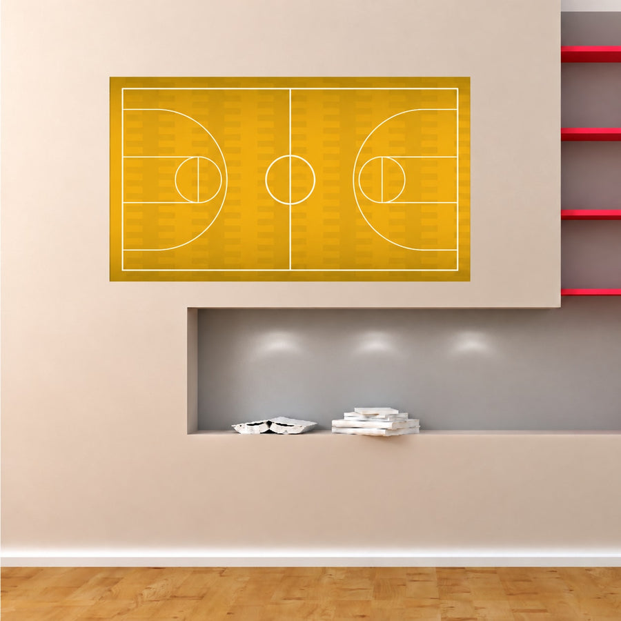 Dry-erase basketball court sticker with yellow court markings on dark surface