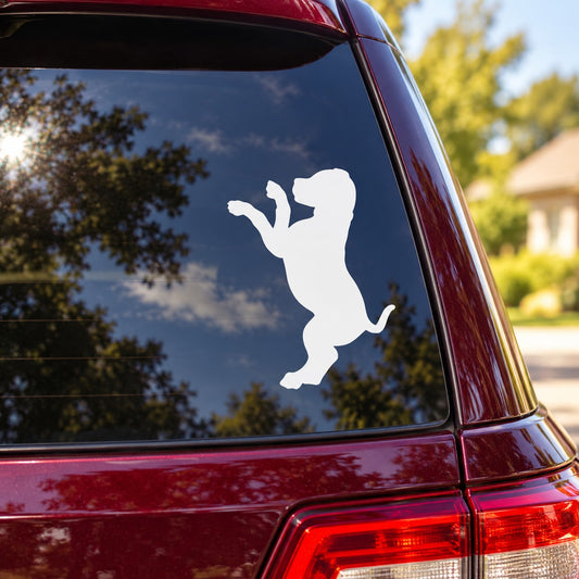 Boxing puppy decal sticker, white silhouette of a boxer pup on car window.