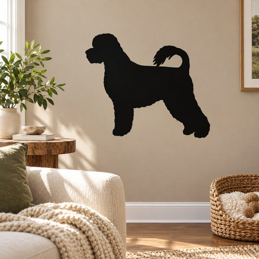 Black Portuguese Water Dog silhouette vinyl decal with posed standing dog.