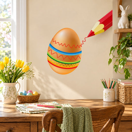Decorated orange Easter egg with colorful zigzag and stripe sticker design