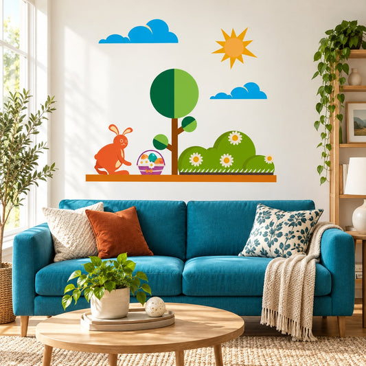Easter scenery printed die-cut wall decal with rabbit, sun, tree, clouds, and eggs
