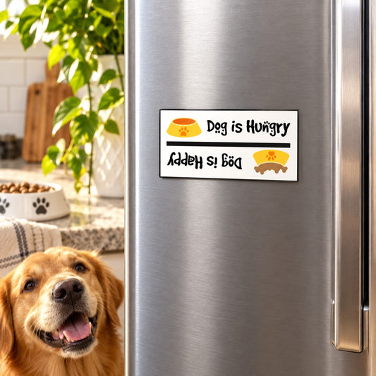 Rectangular dog-themed fridge magnet with “Dog is Hungry” text and bowl graphic