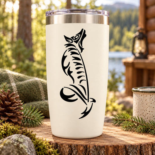 Tattoo-style fox decal with black silhouette on a white tumbler