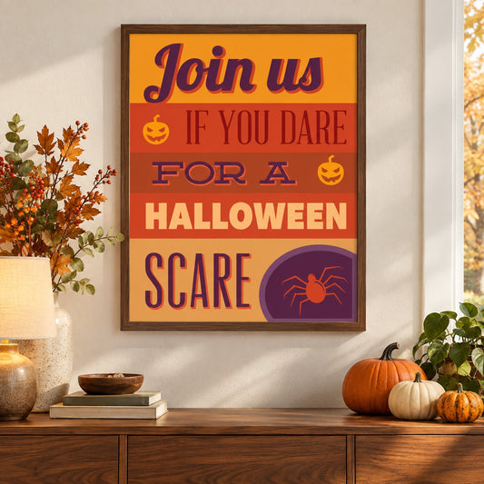 Halloween scare sticker: orange text “Join us if you dare” and spider icon