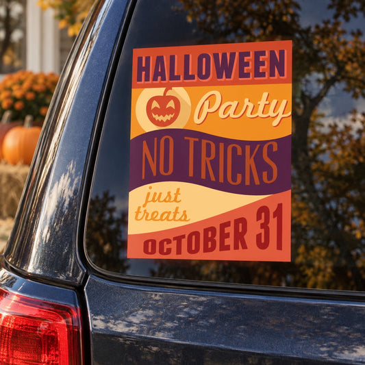 Halloween Party typographic sticker with jack-o-lantern, “No Tricks just treats,” Oct 31