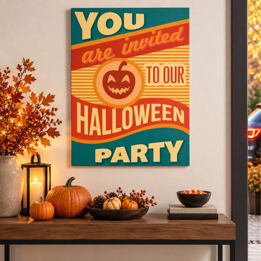 Square Halloween invitation sticker: “You are invited to our Halloween Party” with jack-o’-lantern.
