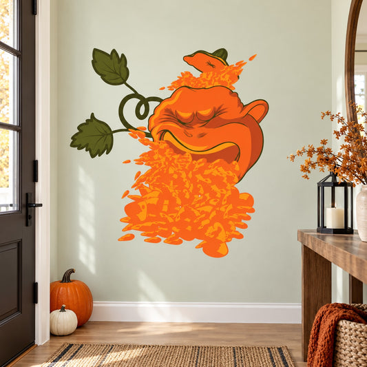 Orange pumpkin printed die-cut wall decal with green leaves and splatter accents