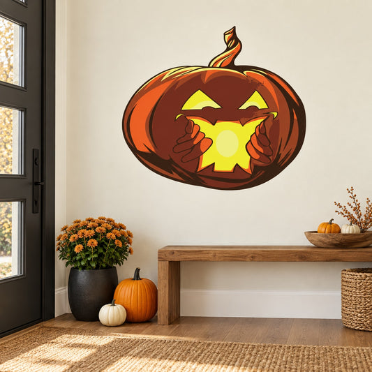 Orange jack-o-lantern Halloween mouth sticker with glowing face and flame top