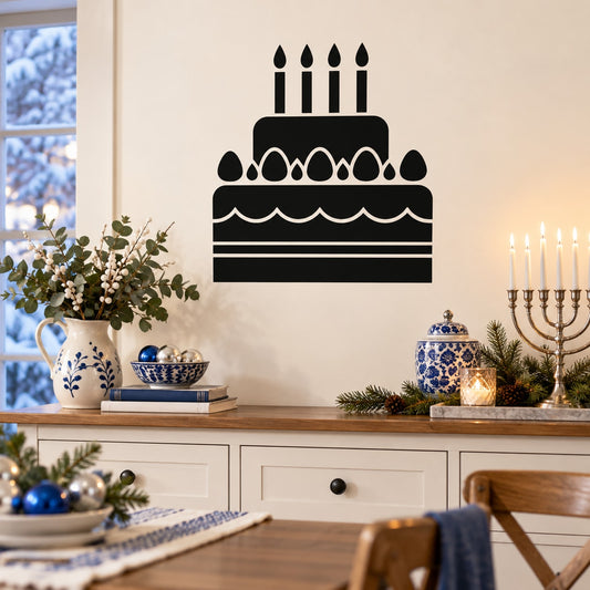 Hanukkah cake wall decal with candles and layered frosting, black silhouette