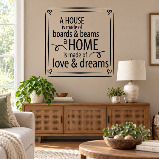 Black wall decal with house outline and motivational quote in framed border.