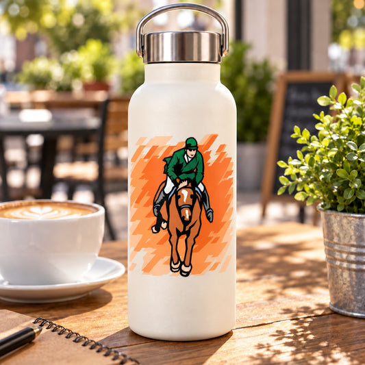 White water bottle with horse racing rider decal graphic in orange and green
