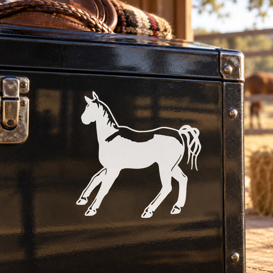 Horse decal sticker with a rearing horse silhouette on a dark suitcase front
